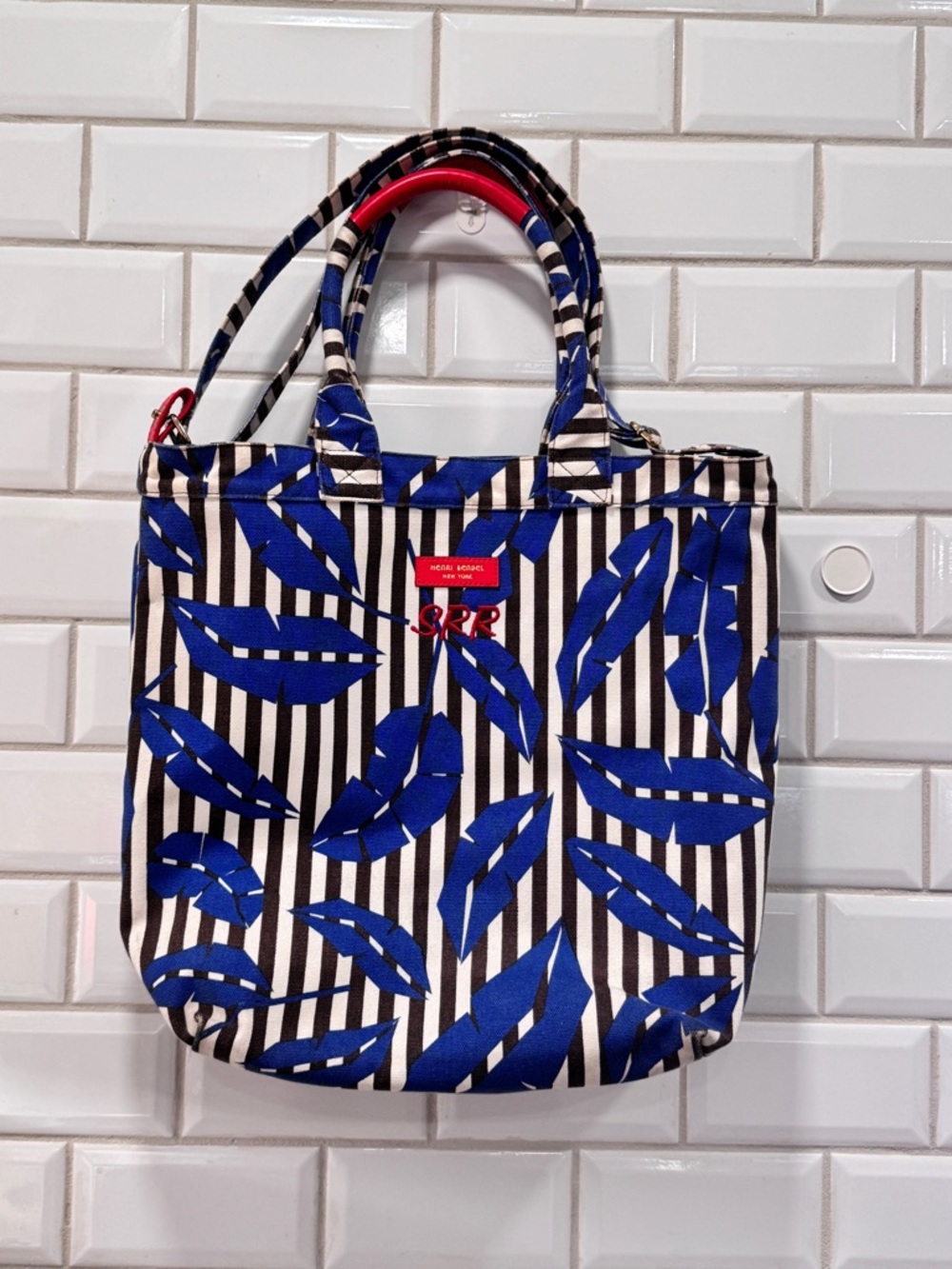 Henri Bendel Canvas Leather Trim Magazine Tote-Stripe Leaf